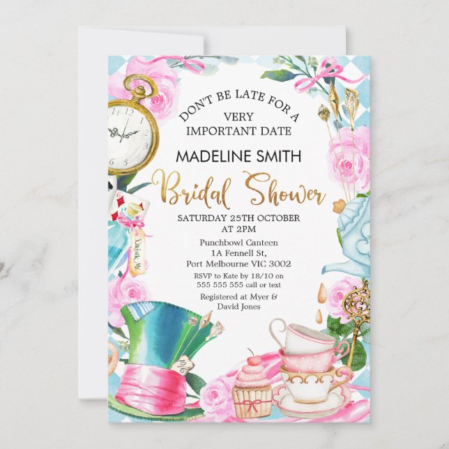 Invitation Ne soyez pas en retard Wonderland Bridal Shower In (Devant)