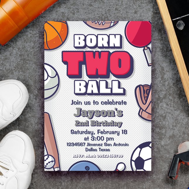 Invitation Né Two Ball - 2e Birthday Boy (Born Two Ball - 2nd Birthday Boy Invitation)