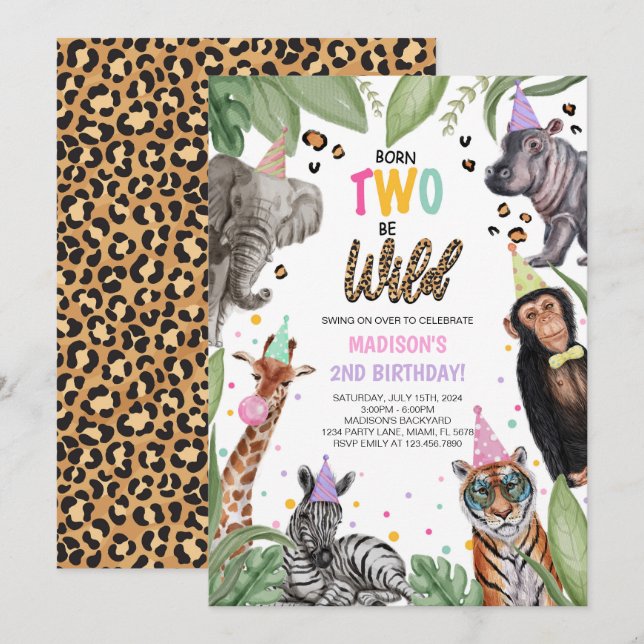 Invitation Né TWO Be Wild Safari 2e anniversaire (Devant / Derrière)