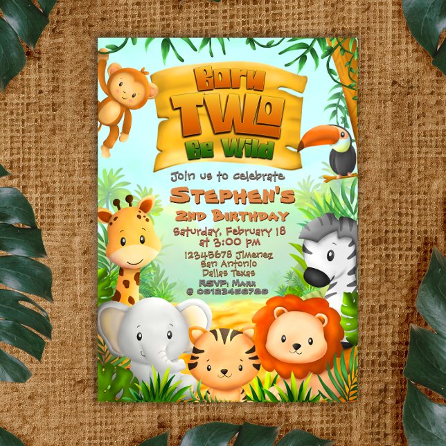 Invitation Né Two Be Wild - Safari 2e anniversaire (Born Two Be Wild - Safari 2nd Birthday Invitation)