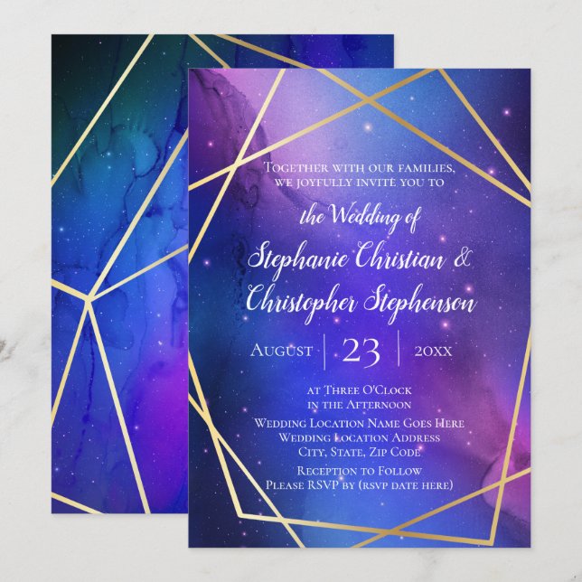Invitation Nebula violette Art Celestial Mariage d'or géométr (Devant / Derrière)