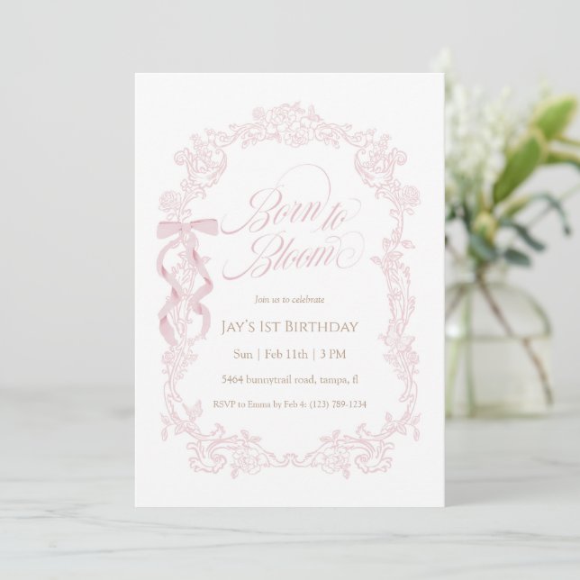 Invitation Née pour fleurir Fleur rose 1er anniversaire (Debout devant)