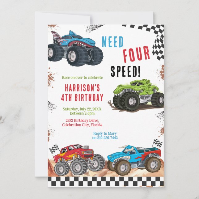 Invitation Need Four Speed Monster Truck Boy 4th Birthday  (Devant)