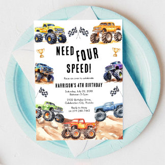 Invitation Need Four Speed Monster Truck Boy 4th Birthday 