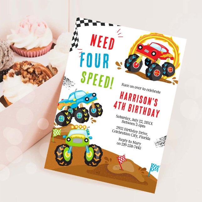 Invitation Need Four Speed Monster Truck Boy 4th Birthday (Créateur téléchargé)