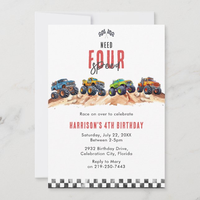 Invitation Need Four Speed Monster Truck Boy 4th Birthday Inv (Devant)