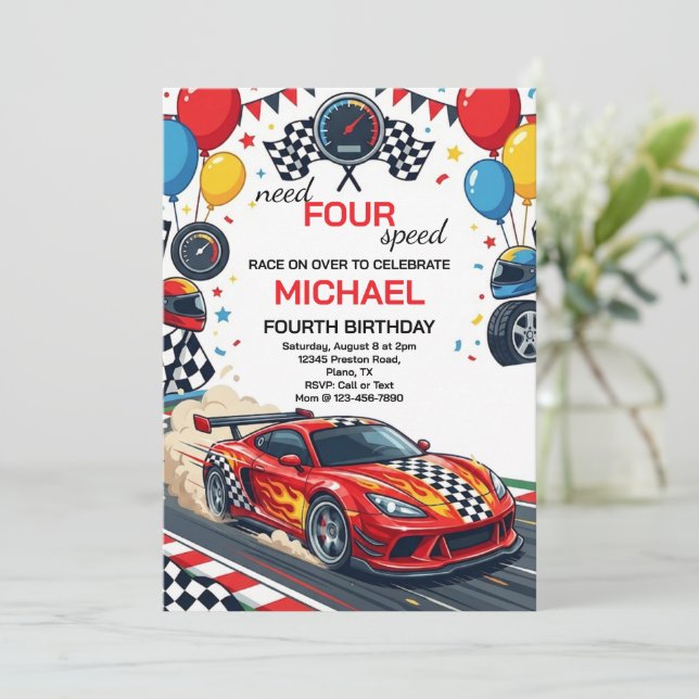 Invitation Need Four Speed Red Race Car 4th Birthday Party (Debout devant)