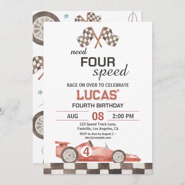 Invitation Need Four Speed Red Race Car 4th Birthday Party (Devant / Derrière)