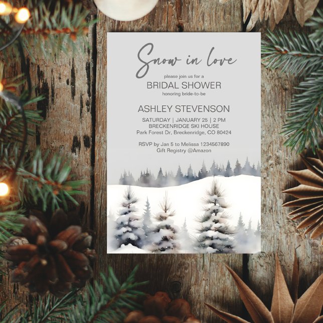 Invitation Neige amoureuse douches nuptiales de la pinède d'h (Snow in love winter pine forest bridal shower editable template invitation digital download pastel )