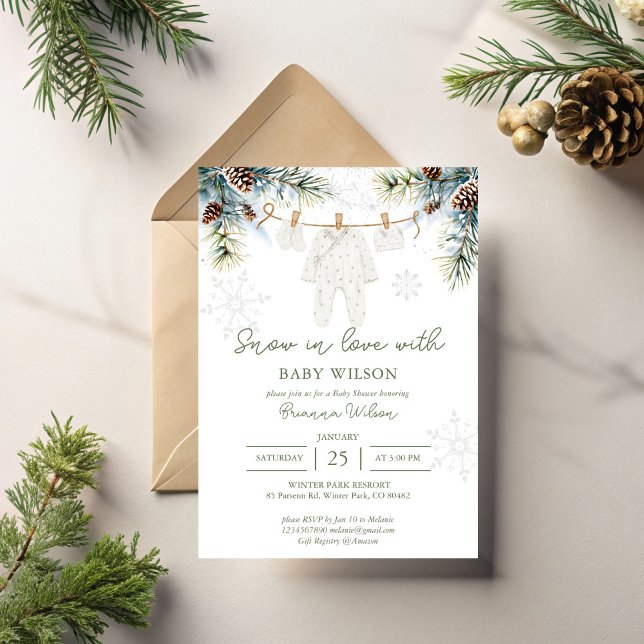 Invitation Neige amoureuse Flammes de neige baby shower d'hiv (Snow in love snowy pines pinecones snowflakes baby clothes line winter baby shower invitation cards)