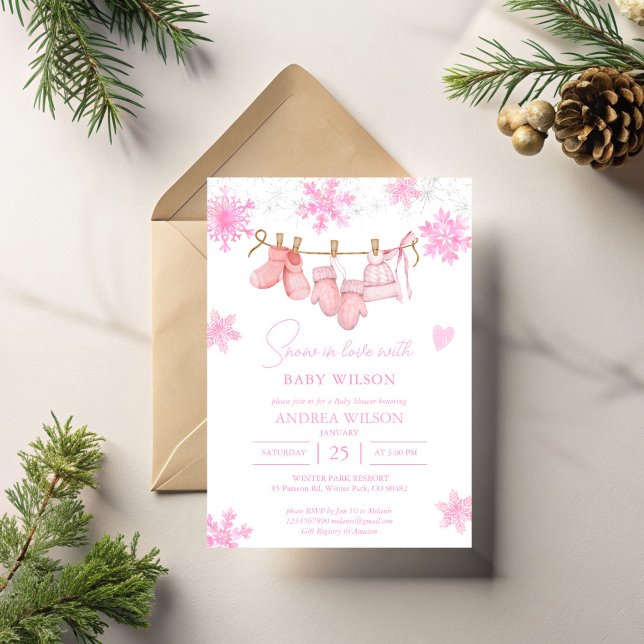 Invitation Neige amoureuse Flammes de neige baby shower d'hiv (Snow in love with baby snowflakes pink clothes line winter baby shower invitation template)