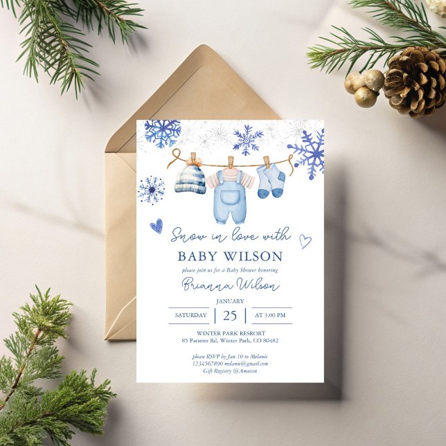 Invitation Neige amoureuse Flammes de neige baby shower d'hiv (Snow in love cute blue snowflakes boy clothes on a line winter baby shower invitation template )