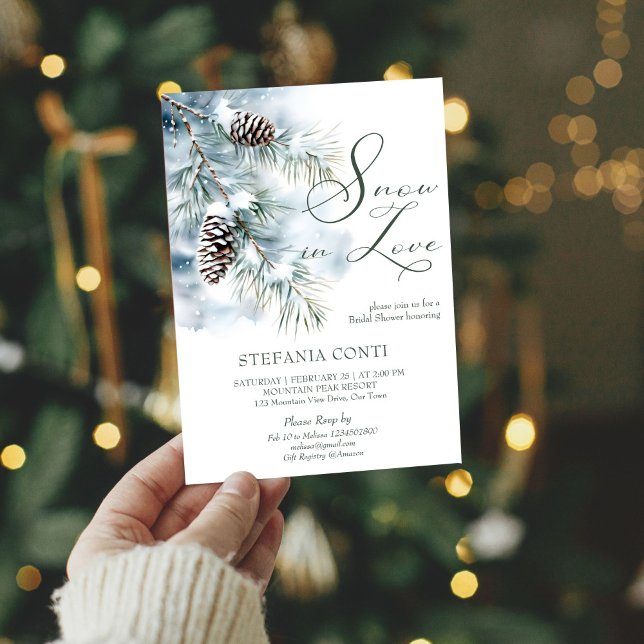 Invitation Neige amoureuse pins neigeux hiver nuptiale douche (Snow in love snowy pines with pinecones winter bridal shower invitation cards template digital)