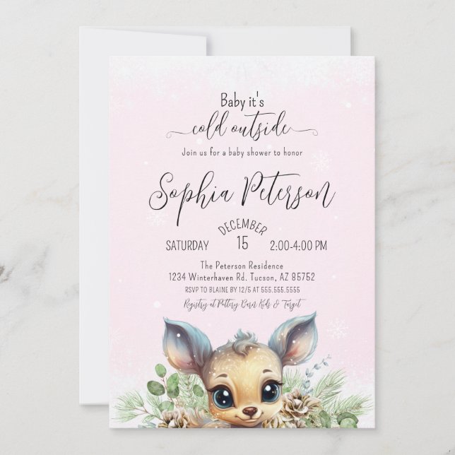 Invitation Neige froide à l'extérieur Baby shower rose Cerf (Devant)