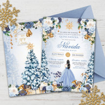 Neige hiver glace bleu et or Floral Quinceanera