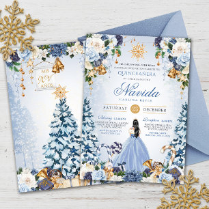 Invitation Neige hiver glace bleu et or Floral Quinceanera
