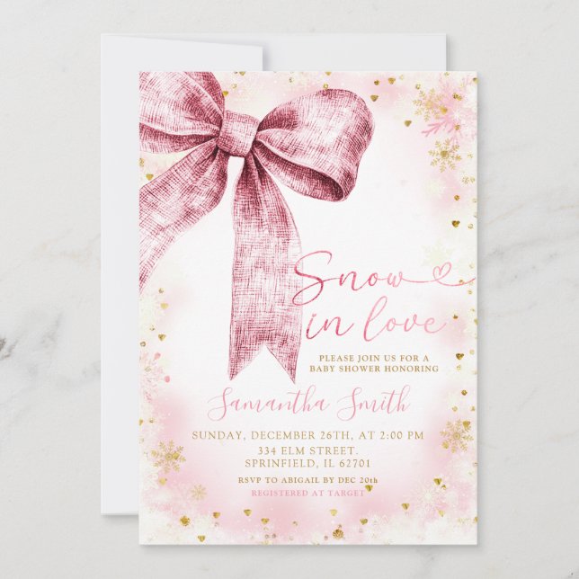 Invitation Neige Rose Bow En Amour Baby shower Saupoudré (Devant)