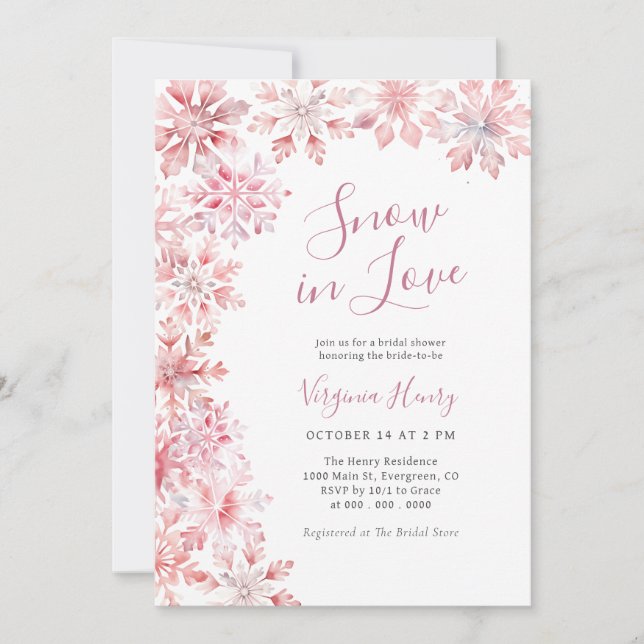 Invitation Neige Rose pour une Douche de Mariée Amoureuse (Devant)