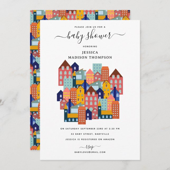 Invitation Neighborhood House Baby Shower (Devant / Derrière)