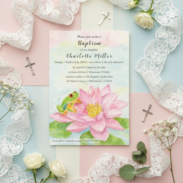 Invitation Nénuphar rose et grenouille arboricole pour baptêm (Créateur téléchargé)