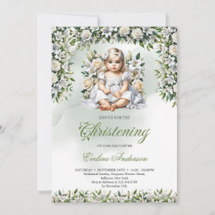 Invitation Nénuphars et fille rose Christening