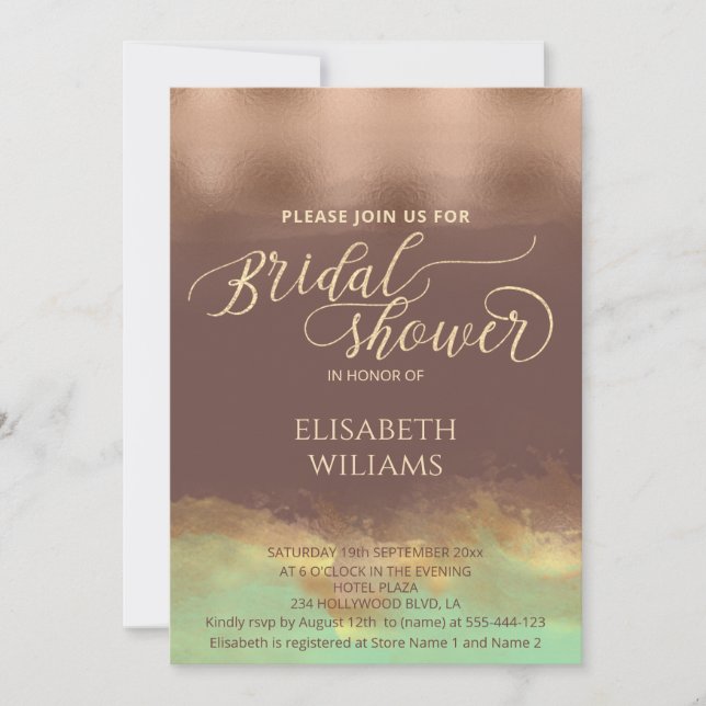 Invitation Néo menthe rose gold aquarelle feuille de cannelle (Devant)