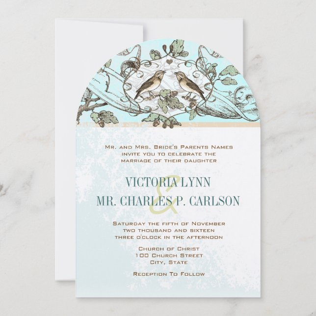 Invitation Néo-Mint Oiseaux Chêne Arbre Forêt Mariage (Dos)