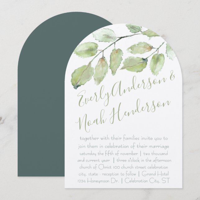 Invitation Néo Mint Verdure Typographie Mariage d'Automne (Devant / Derrière)