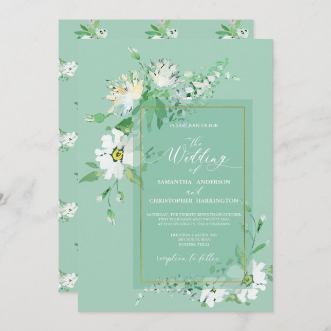 Invitation Neo Mint Vert or Rustique Peint Floral Mariage (Devant / Derrière)