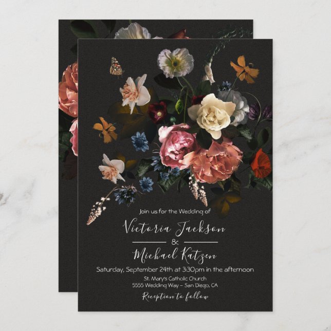 Invitation Néoclassique Floral Dark & Moody Mariage (Devant / Derrière)