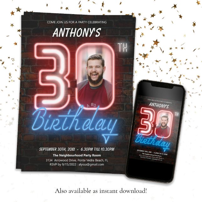 Invitation Neon 30e anniversaire (30th Birthday 80s Retro Neon Sign Custom Photo Invitation)