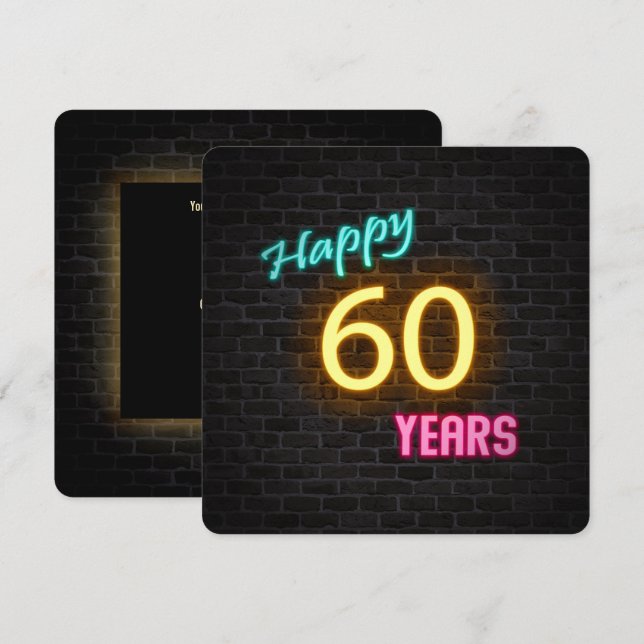 Invitation Neon 60th Birthday Signal brillant sur brique (Devant / Derrière)