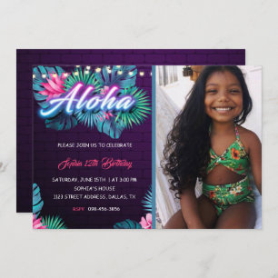 Invitation Neon Aloha Anniversaire tropical avec photo Invita