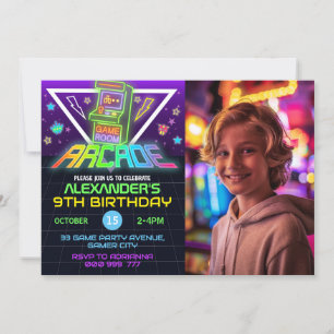 Invitation Neon Arcade Photo Anniversaire Gaming Party Invita