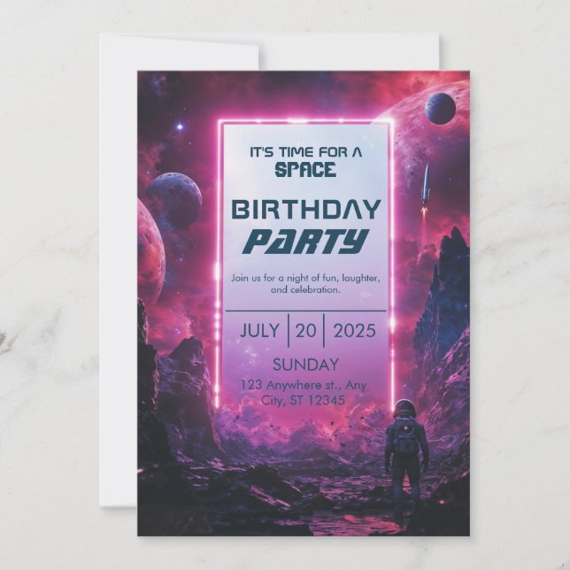 Invitation Néon Astronaute Cyberpunk Anniversaire Spatial (Devant)