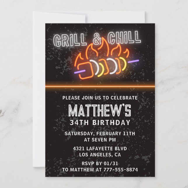 Invitation Neon Black Barbecue Grill and Chill 34e anniversai (Devant)
