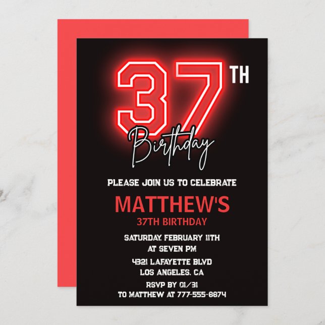 Invitation Neon Black Red Men Sport 37e anniversaire (Devant / Derrière)