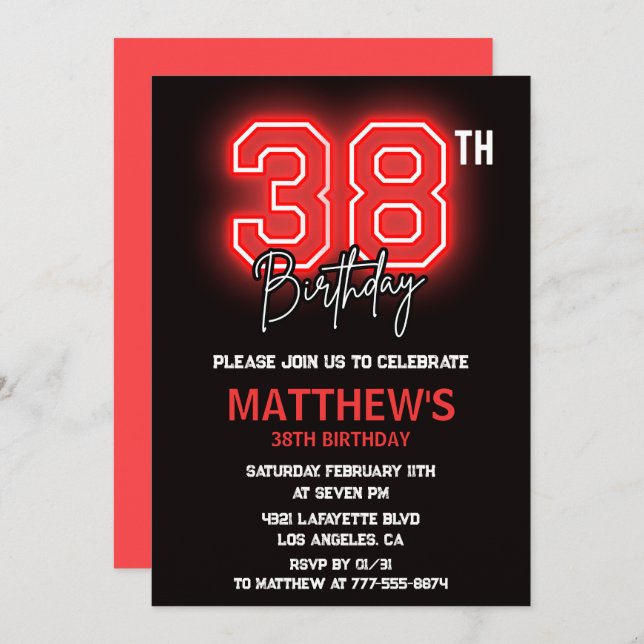 Invitation Neon Black Red Men Sport 38e anniversaire (Devant / Derrière)