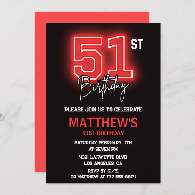 Invitation Neon Black Red Men Sport 51e anniversaire (Devant / Derrière)