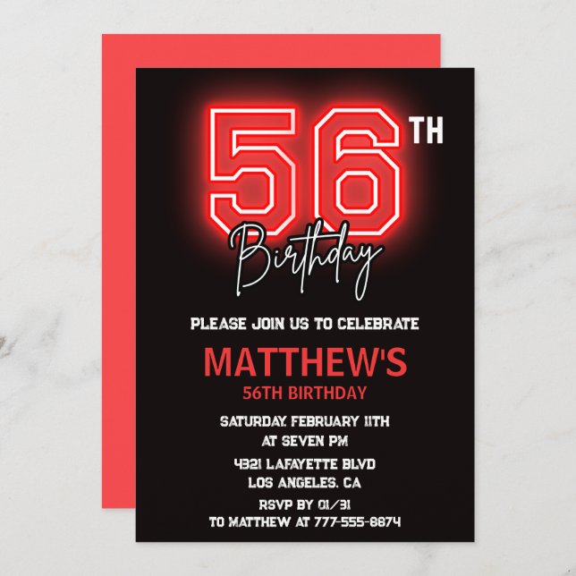 Invitation Neon Black Red Men Sport 56e anniversaire (Devant / Derrière)