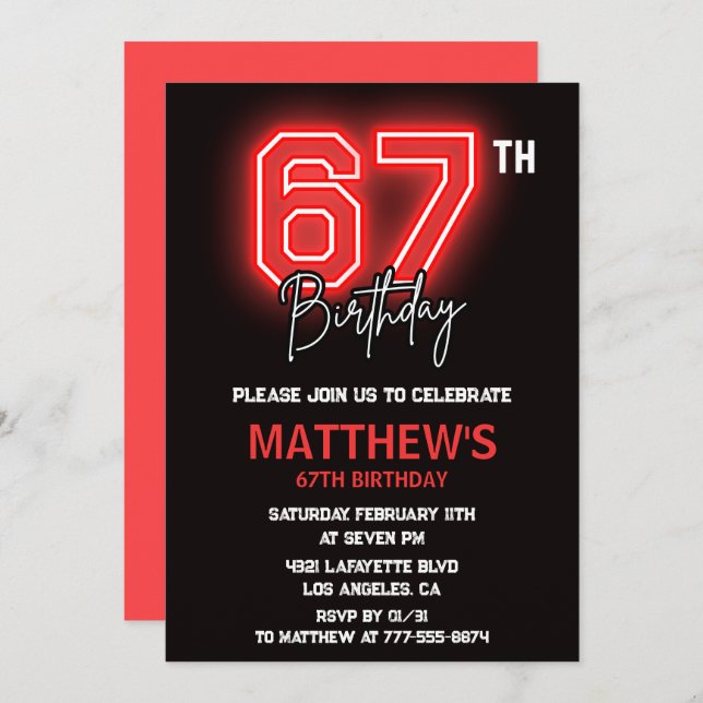 Invitation Neon Black Red Men Sport 67e anniversaire (Devant / Derrière)