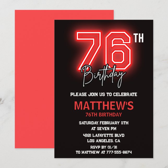Invitation Neon Black Red Men Sport 76e anniversaire (Devant / Derrière)