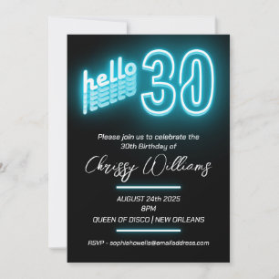 Invitation Neon bleu rétro lueur 30e fête d'anniversaire
