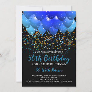 Invitation Neon Blue Balloons Confetti 50e fête d'anniversair