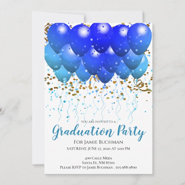Invitation Neon Blue Balloons & Confetti Graduation Party (Devant)