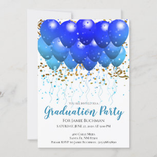 Invitation Neon Blue Balloons & Confetti Graduation Party