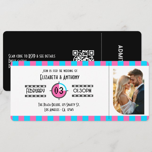 Invitation Neon Blue, Hot Pink, and Black Cinema Ticket (Devant / Derrière)