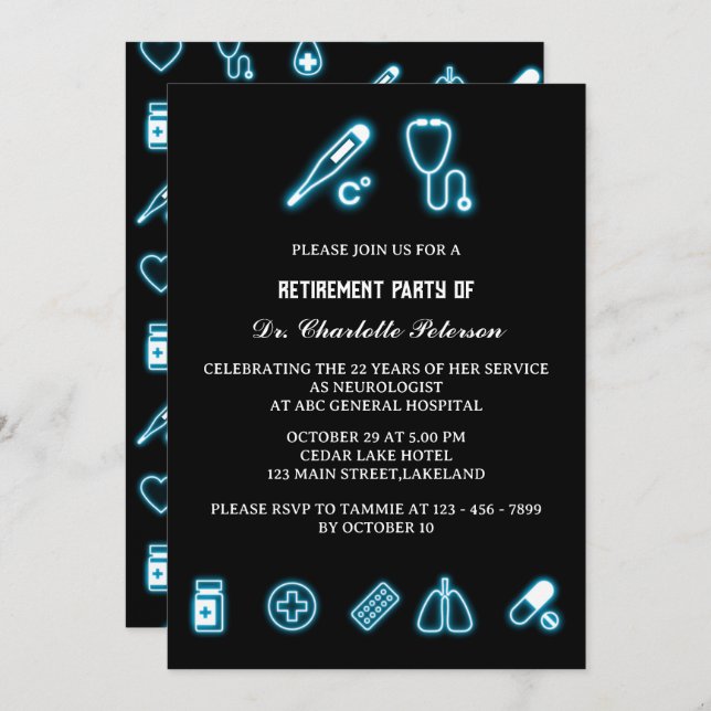 Invitation Neon Blue Médicale Element Doctor Retirement Party (Devant / Derrière)