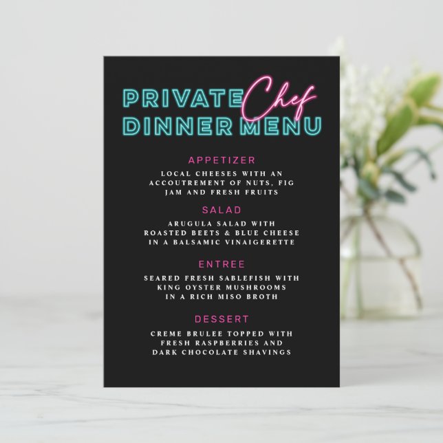Invitation Neon Blue & Pink Menu Dîner Chef Privé Menu (Debout devant)