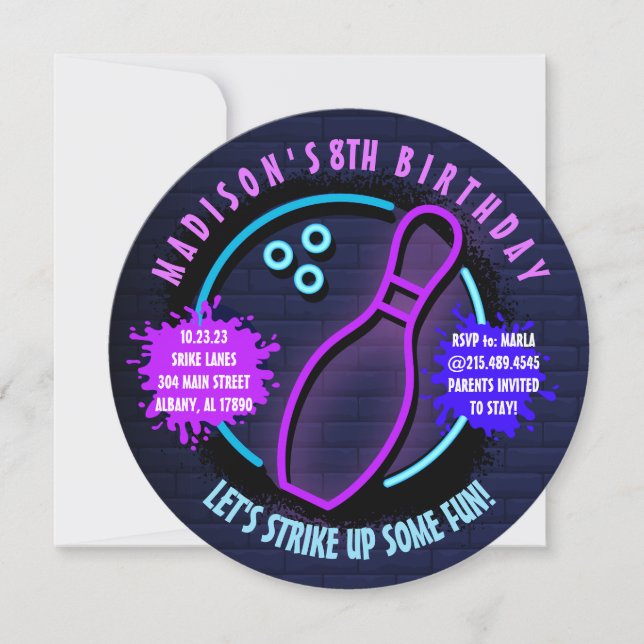 Invitation NEON BOWLING BALL ROUND Anniversaire Fête Invitati (Devant)
